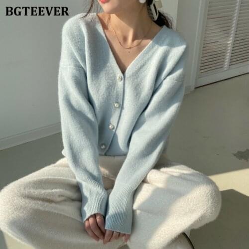 BGTEEVER Elegant Soft Warm Solid Knitted Sweaters for Women V-neck Single-breasted Loose Female Cardigans Tops 2021 Autumn