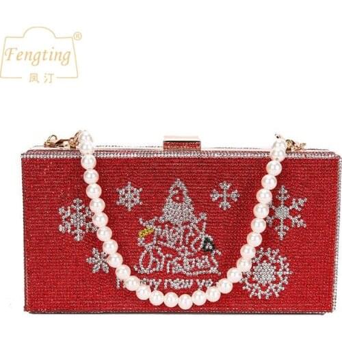 Christmas Party Clutch Bag Red Evening Bag Luxury Design Diamond pearl purse for Women Chain Shoulder Bag small handbags FTB335