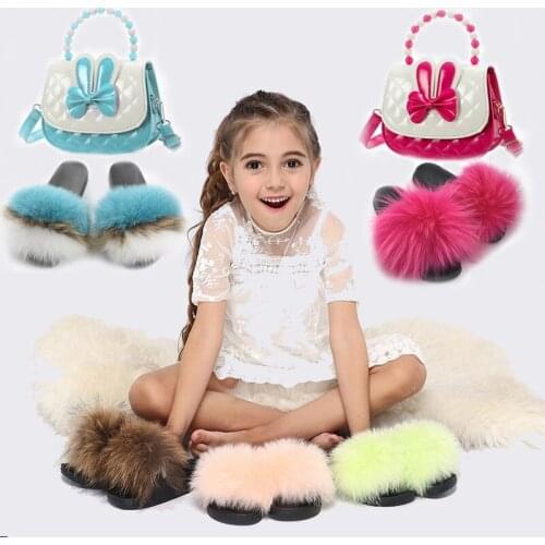 Cute Cartoon Children Fur Slides Princess Purse Suit Kids Cosmetic Bag Furry Rainbow Slippers Match Set Sweet Girl Sandals Hot