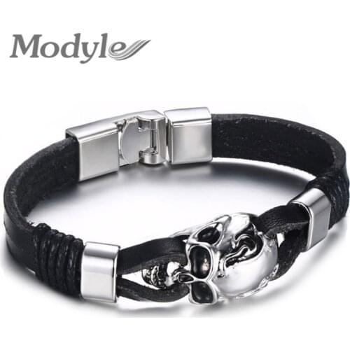 Modyle Men Genuine Leather Skull Bracelets Rock Punk Stainless steel Charms Cuff Bracelets Bangles