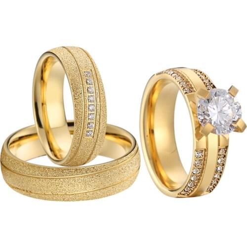 Luxury Lovers Alliances 3pcs promise Couple wedding rings set for men and women Big CZ stone engagement ring marriage