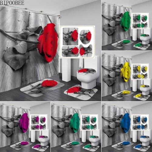 Multicolor Rose Shower Curtain Set Bath Mats Rugs Digital Printing Bathroom Curtains Flower Toilet Cover Non-Slip Carpet