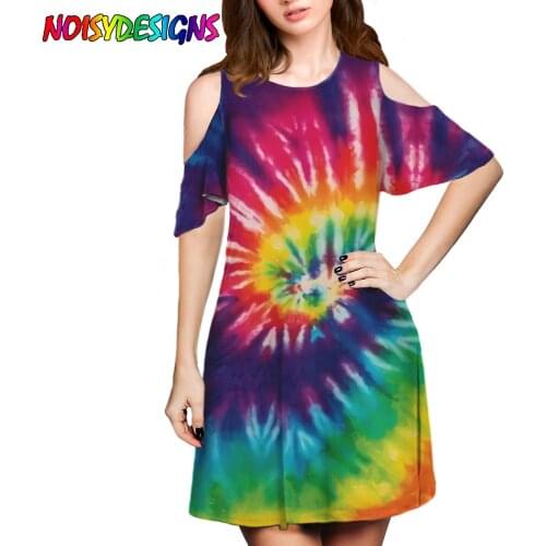 NOISYDESIGNS Tie Dye Print Dress Women Plus Size Fashion Short Sleeve Off The Shoulder Mini Dresses 2021 Summer Womans Dress