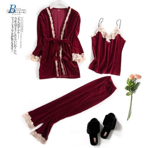 New Autumn/Winter Velvet Pajama Three-Piece Set With Suspenders And Long Pants Bathrobe Lounge Negligee Pajamas Sleepwear 3PCS