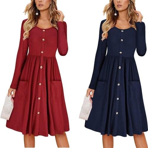 Autumn Solid Color Long Sleeve Midi Dresses 2020 Casual O-neck Fold Slim Work Dress Women‘s Fashion Pockets Button Party Vestido