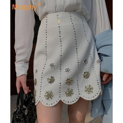 Autumn High Quality Heavy Industry Diamond-Encrusted Flower Mini Skirt 2021 New Fashion WomenS Cute White A-Line Slim Skirt