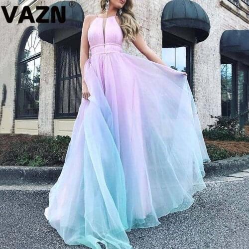 VAZN Formal Office Lady O-neck Print A-line Party Street Night Club Sexy Slim Young Dress 2020 Sleeveless Maxi dress Lady Dress
