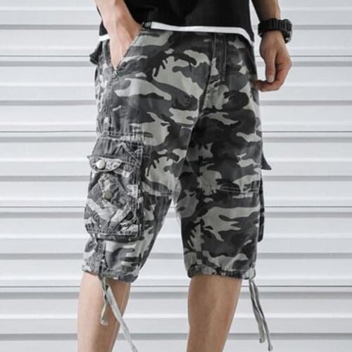 Men Summer Camouflage Print Loose Shorts Knee Length Multi Pockets High Waist Cargo Shorts Streetwear Casual Cargo Shorts