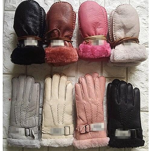 Warm sheepskin one leather gloves children men and women winter thick wool riding gloves