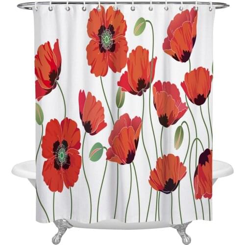 Red Flower Green Plant Shower Curtain Waterproof Polyester Fabric Shower Curtains Home Decoration Curtain with Hook