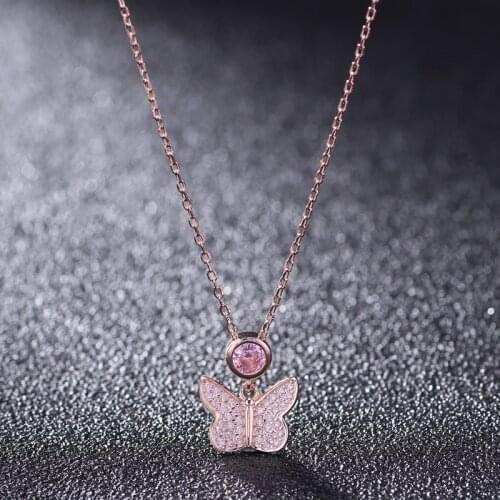 925 Sterling Silver Pink Butterfly Clavicle Chain Necklace For Women Wedding Party Dress Jewelry Accessories Girlfriend Gift