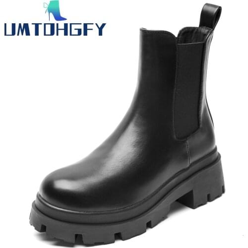 REVT Women Mona Shoes 2021 Warm Fur Ankle Boots Women Slip On Women Chelsea Boots Black Leather Chunky Heel Platform WinterBoots