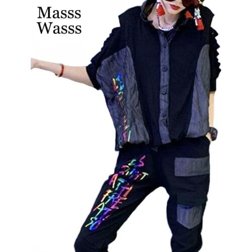 Masss Wasss British Design 2021 Outfits Women Punk Style Black Two Pieces Sets Ladies Holes Tops And Loose Harem Pants Big Size