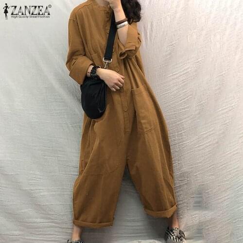Womens Autumn Street Fashion Jumpsuit ZANZEA Lapel Long Sleeves Romper Female Casual Loose Solid Pocket Overalls Plus Size 5XL