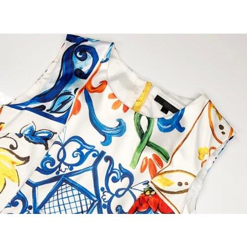 Summer Plus Size XXL Designer Dress Womens High Quality Sleeveless Vintage Porcelain Printed Mini Vestido