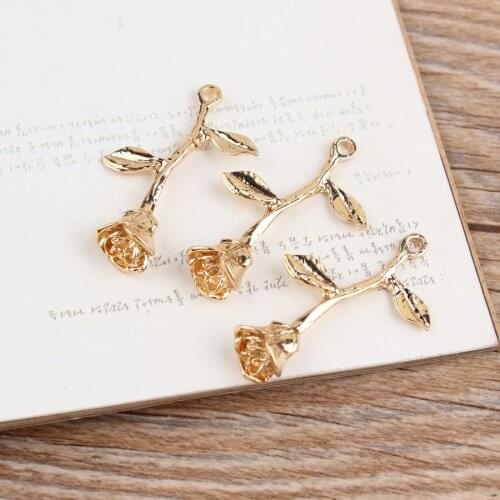 Free shipping 50pcs Alloy gold-color metal Cartoon 3D Rose flowers shape fashon charms diy jewelry phone/key chain pendants