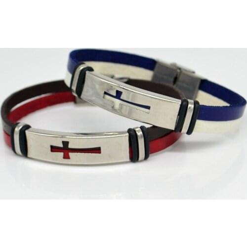 Cross Stainless Steel Clasps Bracelets Double Color Leather Wristbands Christian Catholic Fashion Religious Jewelry