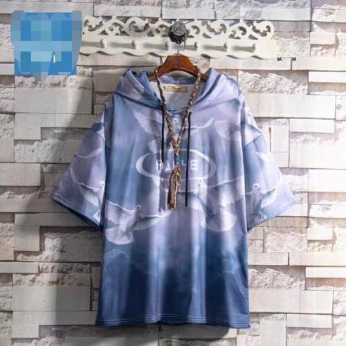 Mens graphic hooded T-shirt trend half sleeve fashion Cotton Street top T-shirt