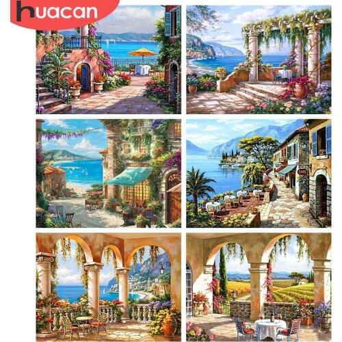 HUACAN Full Square/Round 5d Diamond Painting Seaside House DIY Diamond Embroidery Landscape Wall Art Handicraft