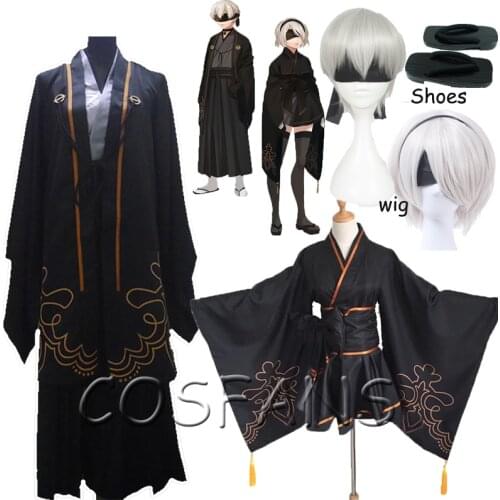 Game NieR Automata figure 2B 9S Fanart Kimono Suit Uniform Halloween Cosplay Costume for women men Adult Kimono Wigs and shoes