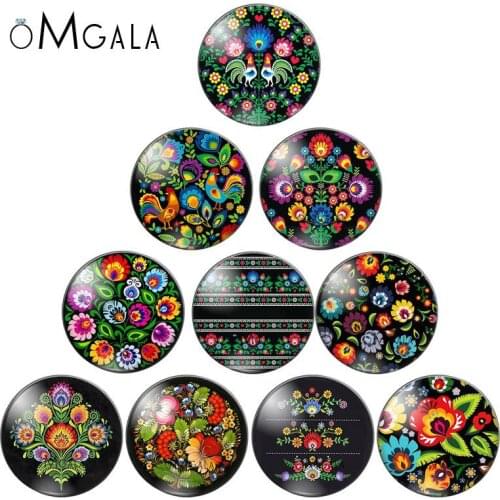 Colorful Black Folk Art Flowers Floral 10pcs mixed 12mm/18mm/20mm/25mm Round photo glass cabochon demo flat back Making findings