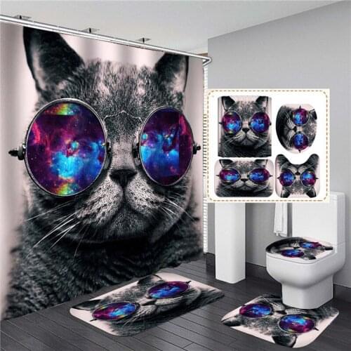 Cool Cat Animals Shower Curtain Printed Bathroom Set with Anti-slip Bath Mats Flannel Home Carpet Door Mats Toilet Lid Covers