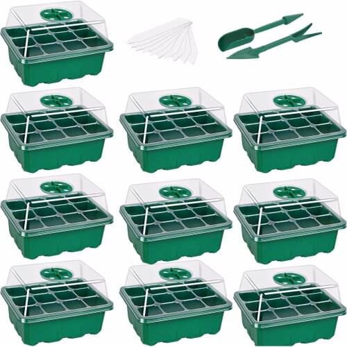40# 10-pack Seed Starter Trays Nursery Pots Seedling Tray Humidity Adjustable Switch Garden Decor Accessories 12 Cells Per Tray