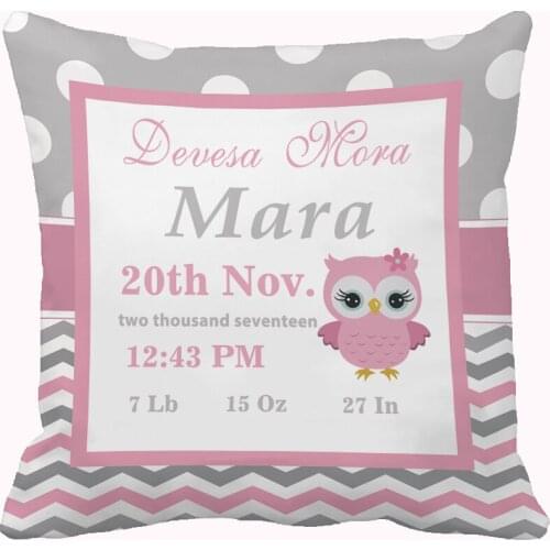 Custom Gray Pink and Blue Owl Baby Nursery Throw Pillow Cover Home Decorative Cotton Polyester Cushion Covers Baby Gift