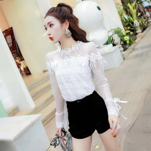 New Women Hollow Out Mesh Blouse Spring Summer Bow Floral Lace Shirts Ladies Long Sleeve Dot Bottoming Blouses Blusas Tops A1344