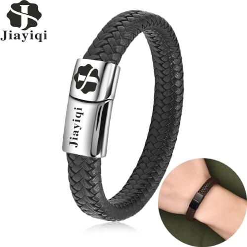 Jiayiqi Personalized Mens Bracelet Customize Name Logo Image Stainless Steel Magnetic Clasp Braided Leather Bangle Punk Jewelry