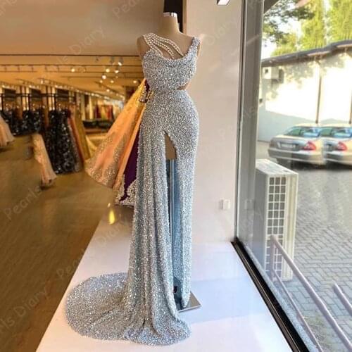 Luxury Long Women Evening Dress 2021 Sexy High Slit Light Blue Sequin African Female Formal Evening Party Night Gowns Prom Dress