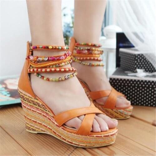 Women Sandals Women High Heels Sandals Summer Shoes PU Slip On ZIP 9.5CM Wedges High Heels Round Toe Shallow Back Strap blue