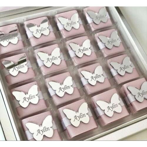 Custom Made Mirror Tags, Butterfly Lettering Name Logo, Personalized Acrylic Tags for Wedding Baby Shower Chocolate Favors