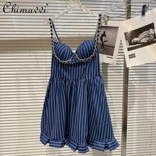 Sexy Rhinestones Shoulder Strap Vertical Striped Dress 2021 Summer Strapless Dress High Waist Slimming Short Elegant Short Dress