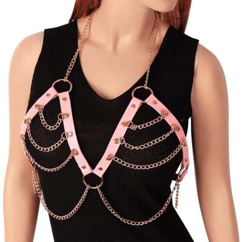 Sexy Leather Metal Chain Cage Bra Body Bondage Harness Lingerie Women Punk FestivalClub Carnival Costumes Fetish Garter Jewelry