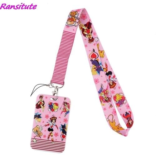 Ransitute R1839 Anime Magical Girl Pink Lanyard Card Holder Student Hanging Neck Phone Lanyard Badge Subway Access Card Holder
