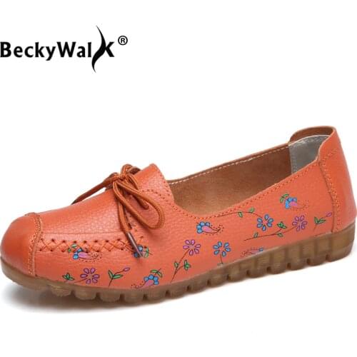 BeckyWalk 2021 Casual Print Genuine Leather Women Shoes Soft Comfortable Flats Shoes Woman Lace Up Zapatos Mujer Loafers WSH2706