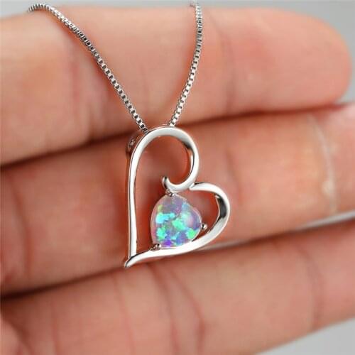 Vintage Female Rainbow Opal Pendant Necklace Rose Gold Silver Color Chain Necklaces For Women Hollow Love Heart Wedding Necklace