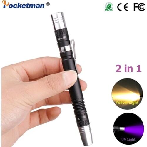 Yellow light + UV 2 in 1 Mini UV LED flashlight pen flashlight multi function 395nm UV flashlight