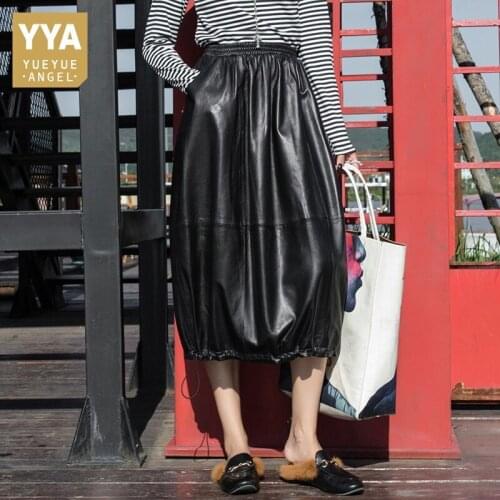Real Leather Womens Calf Long Skirts Fashion Elastic Waist Luxury Sheepskin Loose Casual Plus Size Female Skirts Streetwear