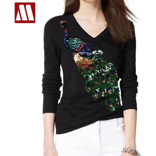 Womens Sequins Long Sleeve T shirts Lady Peacock Sequined T-shirt Fashion Cotton Tops Tee Shirt Femmer Woman Sakura Clothing