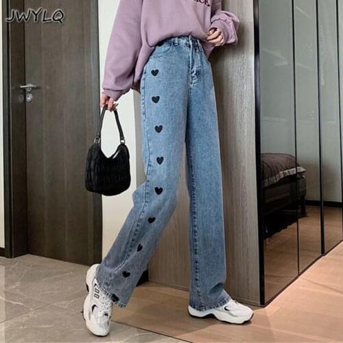 Plus Size Love Heart Embroidery Straight Y2k Jeans Autumn Winter High Waist Denim Trousers Female Casual Loose Pantalones Femme