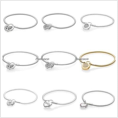 Authentic 925 Sterling Silver Bracelet Lock Your Promise Snake Chain Bracelet Bangle Fit Women Bead Charm DIY Pandora Jewelry
