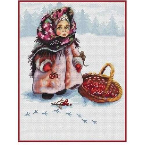 Gold Collection Lovely Counted Cross Stitch Kit Russian Winter Girl Child and Cherry Red Fruits in Snowy Day The cold is time