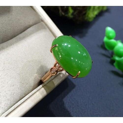 18K rose gold with diamond inlaid top old pit apple green Hetian jasper ring h56