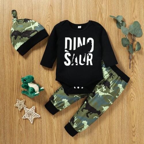 2021 Three Piece Baby’s Boys Clothes Fashion Letter Long Sleeve Romper and Dinosaur Trousers with Hat