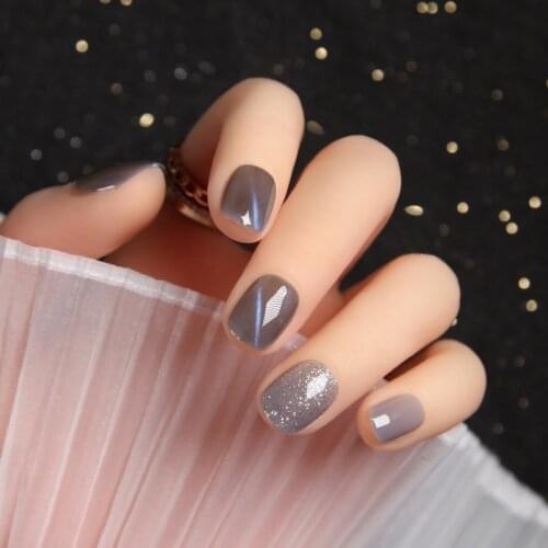 24pcs/box Wearable Finger Fake Nail with glue Blue Grey Aurora Effect Japanese Summer Showing Hands White Fingernail Patches TN