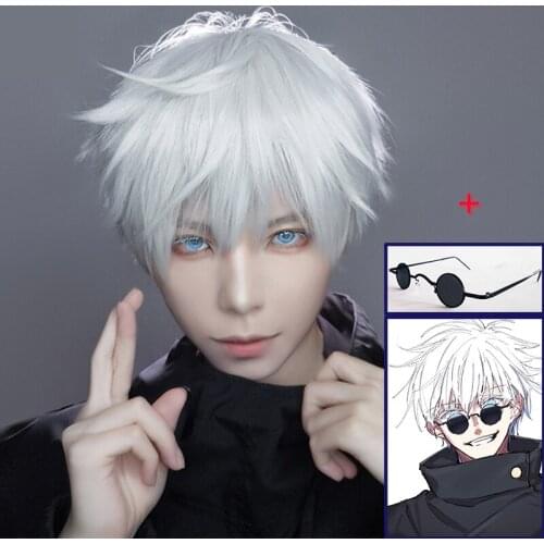 Anime Jujutsu Kaisen Gojo Satoru Short White Hair Sunglasses Cosplay Wig + Free Wig Cap Synthetic Halloween Party Props for Men