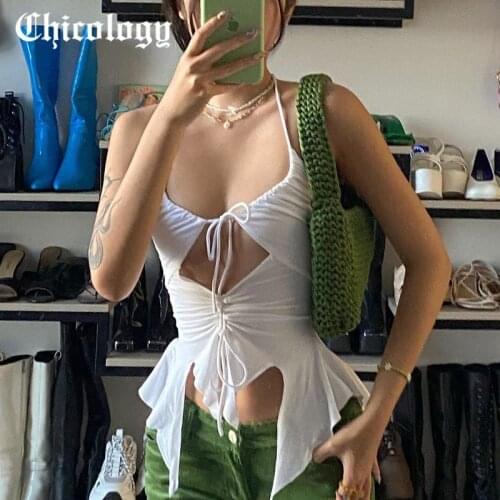 Chicology 2021 Women Summer Fishtail Hem Straps On Both Sides White Sexy Halter Neck Drawstring Slim Fit Y2K Top