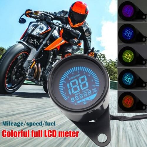 Digital Motorcycle Speedometer 7-Color LED Backlight LCD Odometer Tachometer Oil Level Meter 12V Universal Metal Instruments